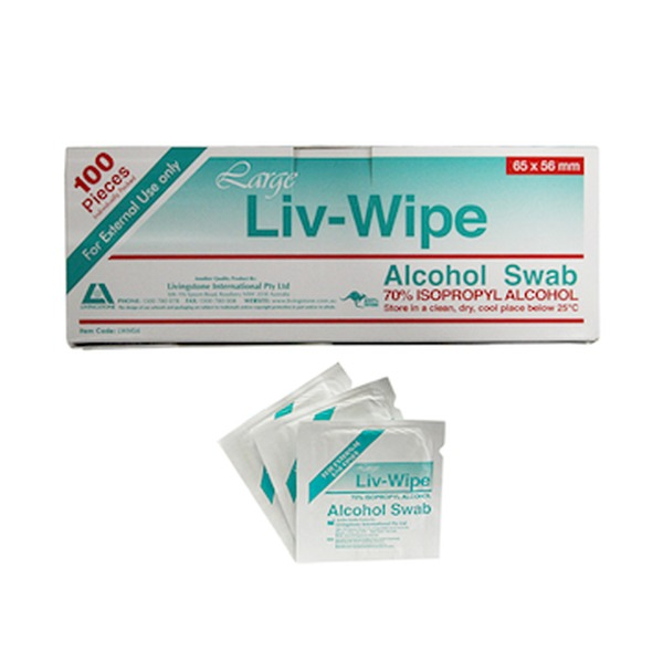 Livingstone Liv-Wipe bulk carton containing 50 boxes of 70 per cent isopropyl alcohol prep pads, shipping carton shown with a single retail box alongside on a plain background