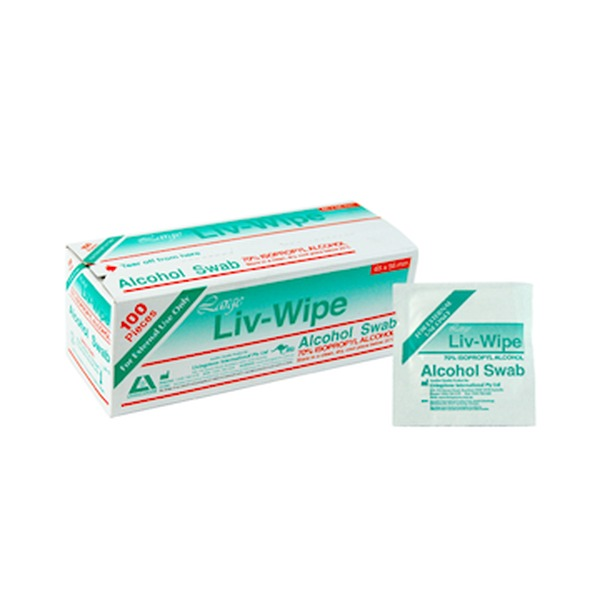 Livingstone Liv-Wipe box of 100 large 70 per cent isopropyl alcohol prep pads, white carton with blue and green branding shown alongside a single foil-wrapped swab sachet on a plain background