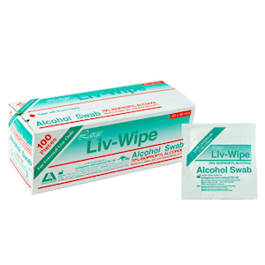 Livingstone Liv-Wipe box of 100 large 70 per cent isopropyl alcohol prep pads, white carton with blue and green branding shown alongside a single foil-wrapped swab sachet on a plain background