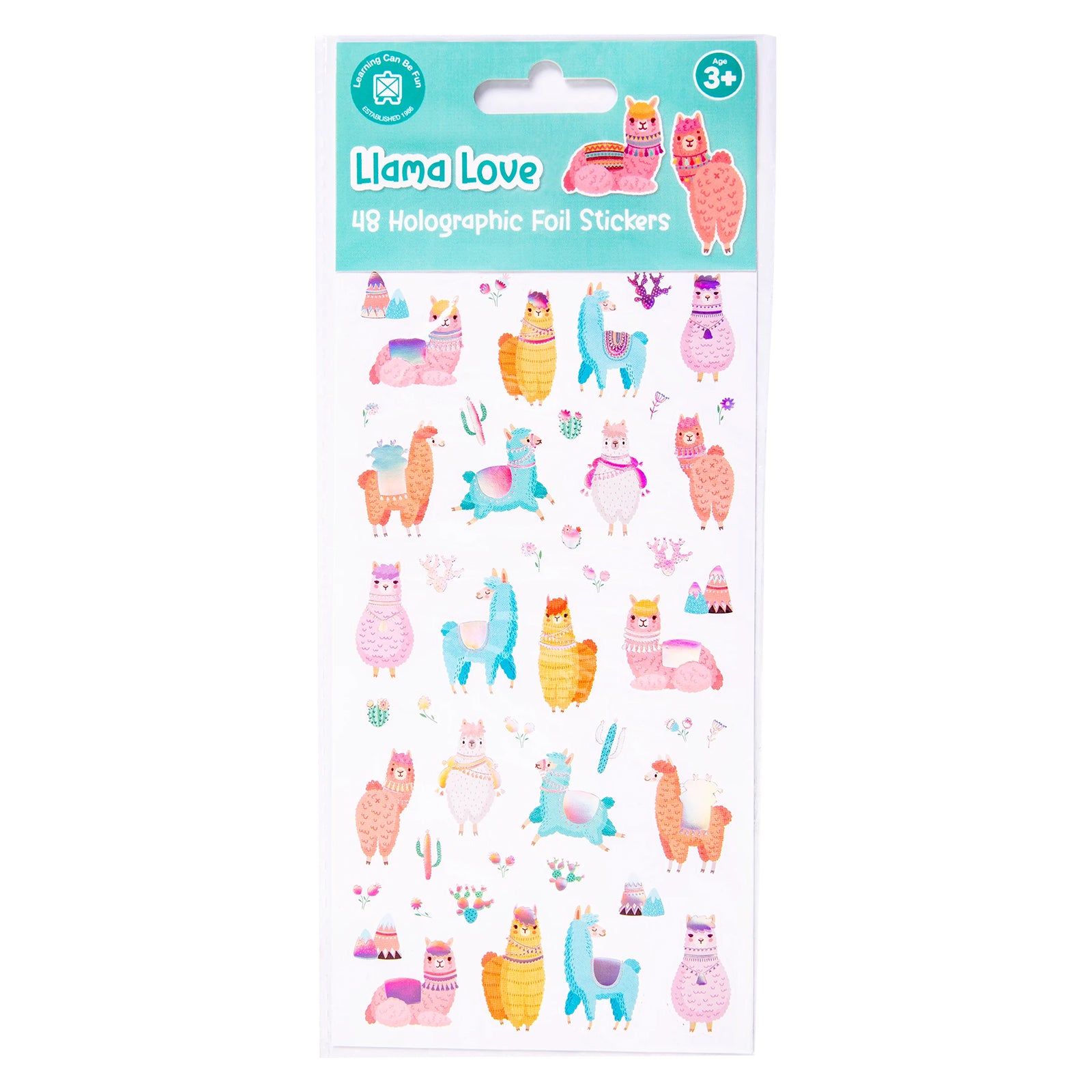 Retail packaging of the Learning Can Be Fun Llama Love Holographic Sticker Set containing 48 holographic foil stickers with charming llama illustrations and decorative desert themed elements.