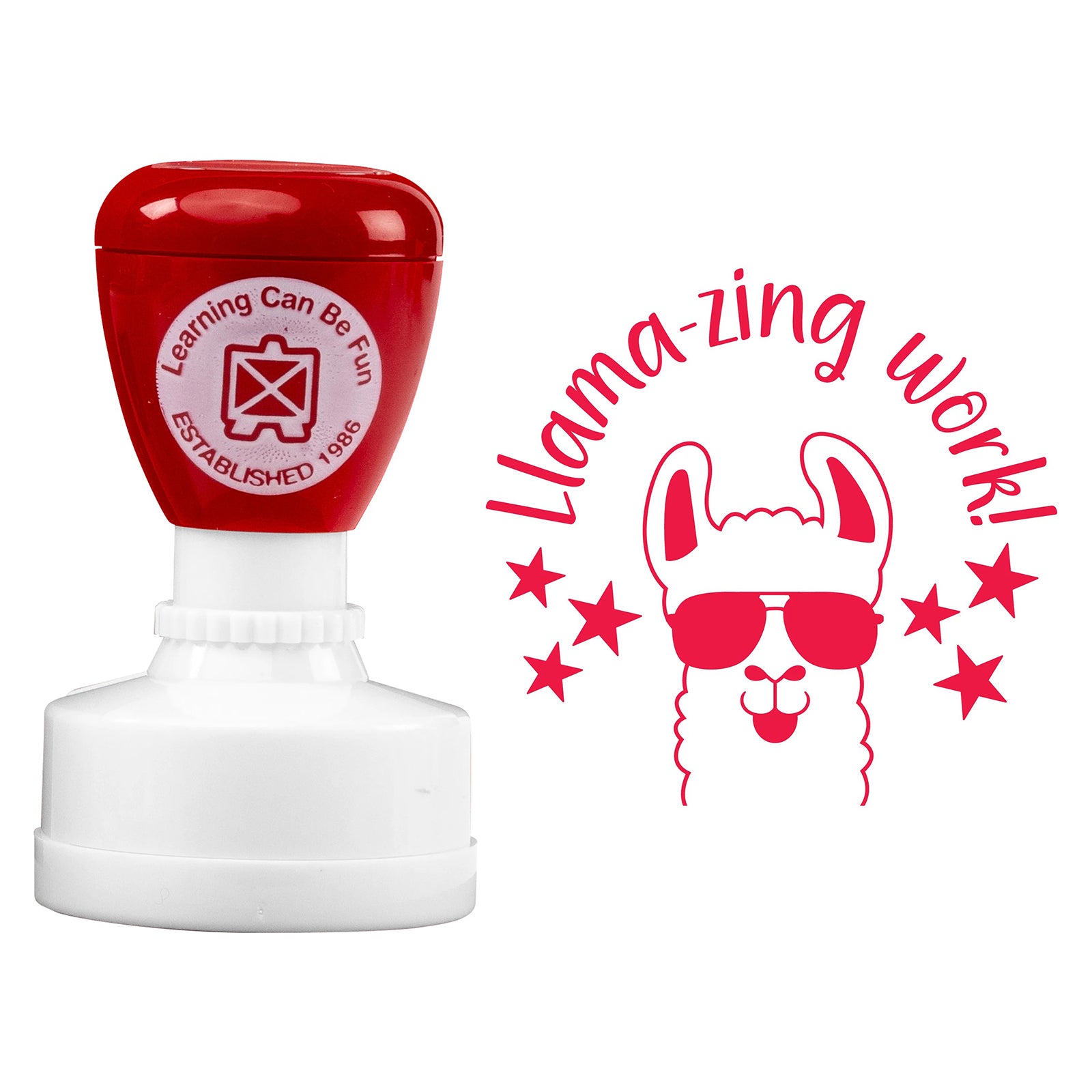 Product image showing the self inking stamp alongside the detailed llama artwork and motivational wording. The bright red impression delivers clear recognition for excellent work and student accomplishments.