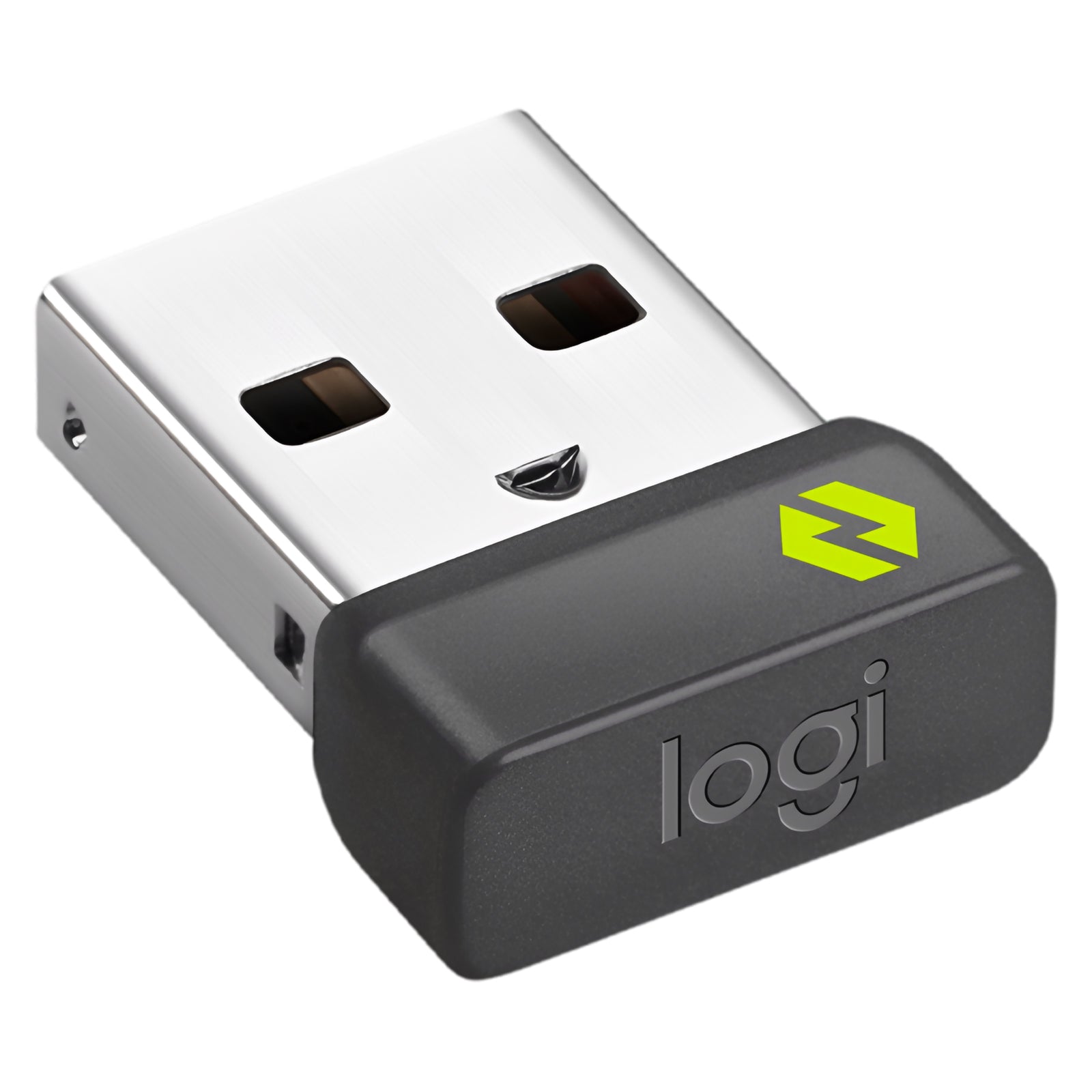 Close up studio image of the Logitech Logi Bolt USB receiver on a white background, highlighting the compact wireless USB receiver used for secure and reliable device connectivity.