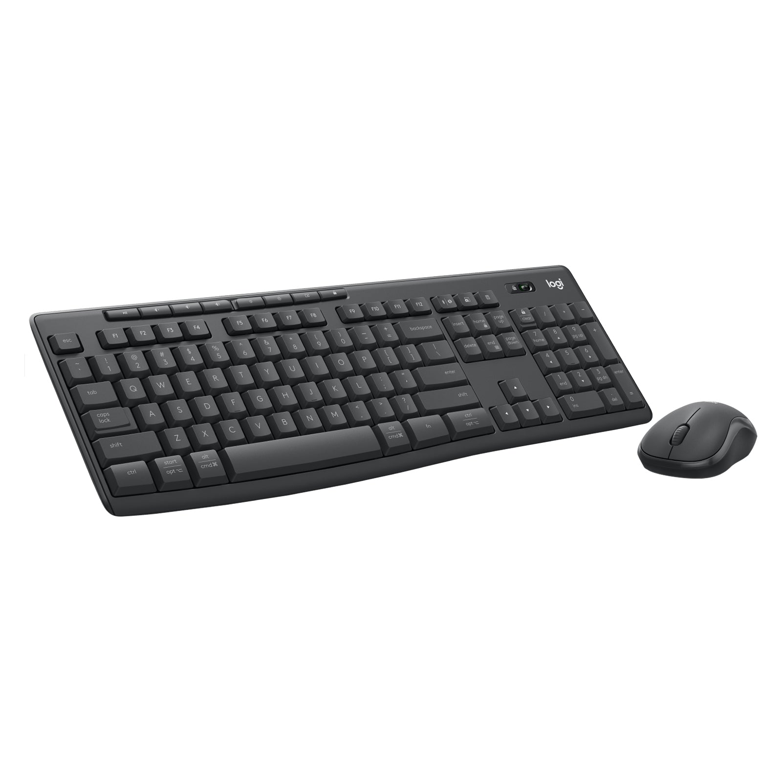Angled studio image of the Logitech MK370 Wireless Keyboard and Mouse Combo for Business Graphite showing the keyboard profile and matching wireless mouse against a clean white background.