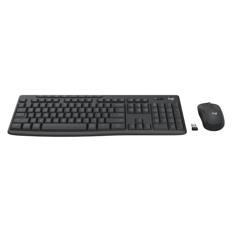 Wide studio image of the Logitech MK370 Wireless Keyboard, wireless mouse and Logi Bolt USB receiver arranged separately on a white background, providing a complete view of all included components.