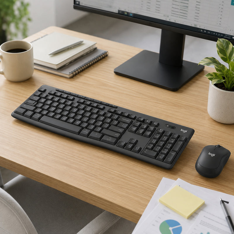 The Logitech MK370 Wireless Keyboard and Mouse Combo for Business Graphite displayed on a professional workstation beside a monitor, coffee cup and indoor plant, demonstrating a tidy and productive business desk environment.