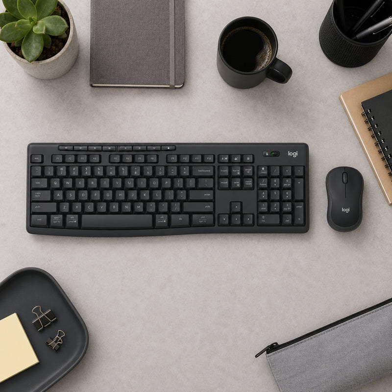 Top view of the Logitech MK370 Wireless Keyboard and Mouse Combo for Business Graphite arranged on a clean desktop with notebooks, coffee, stationery and office accessories, showcasing the full size keyboard layout and matching wireless mouse.