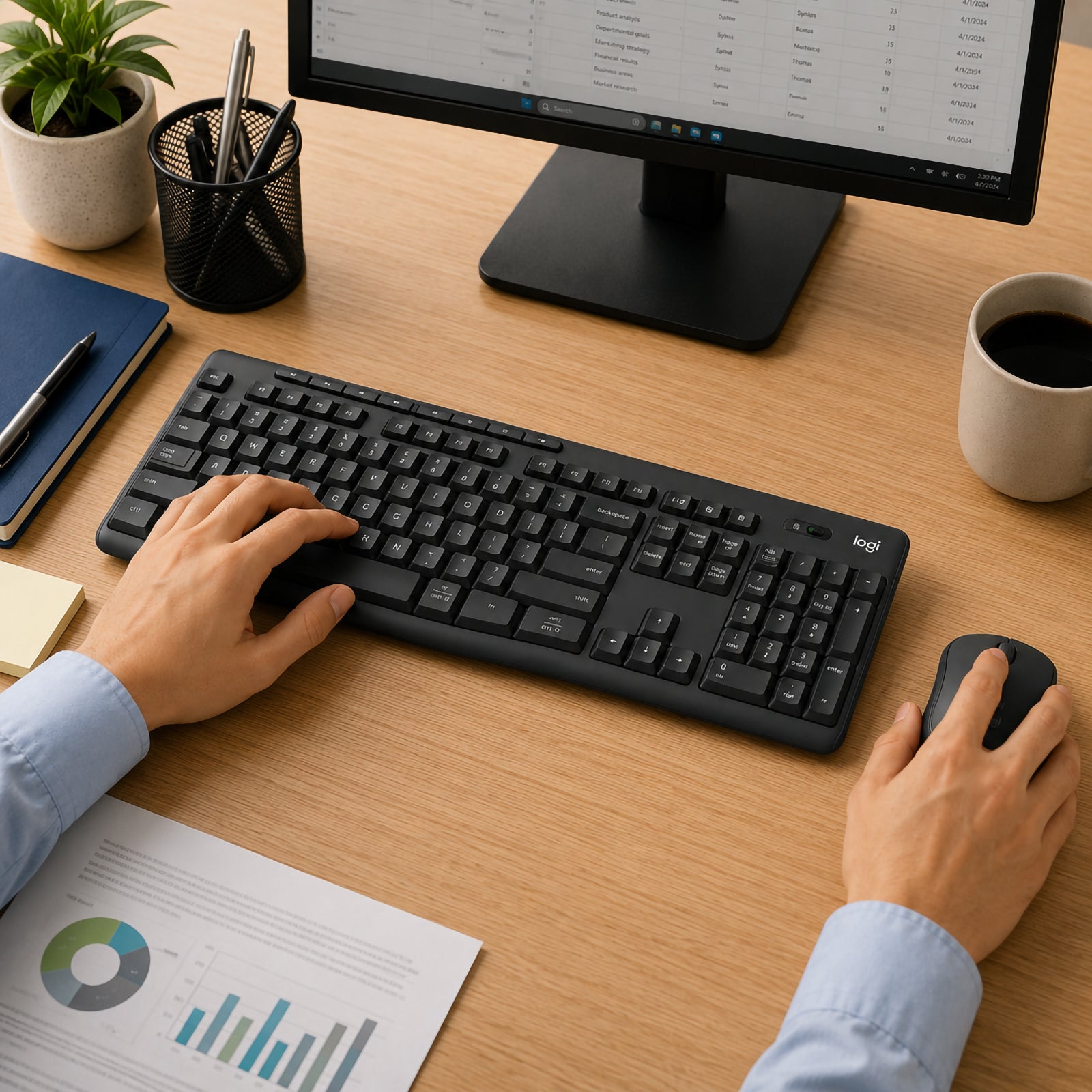 Hands using the Logitech MK370 Wireless Keyboard and Mouse Combo for Business Graphite on a modern office desk with a desktop monitor displaying spreadsheets, highlighting comfortable typing, silent mouse operation and everyday workplace productivity.