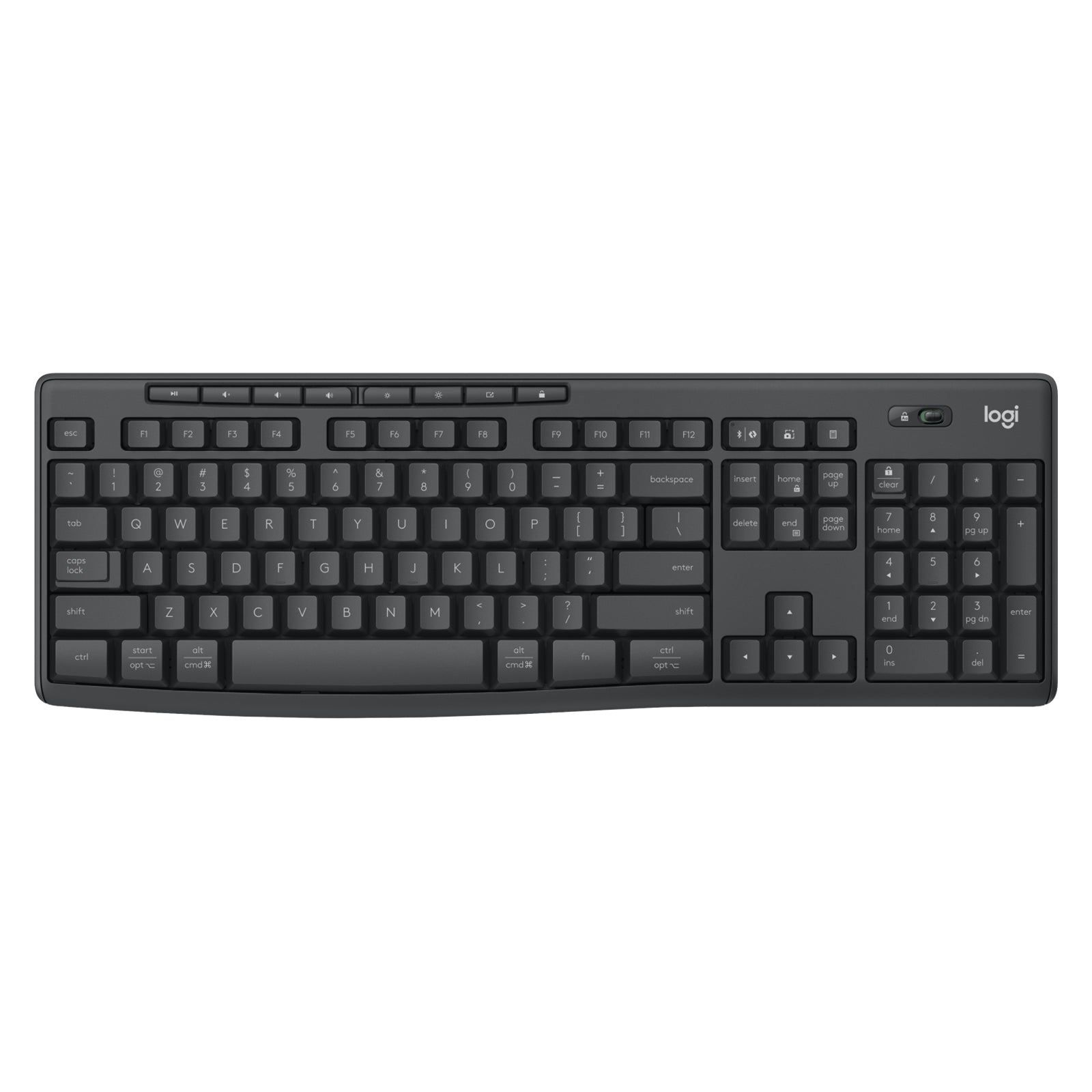 Studio front view of the Logitech MK370 Wireless Keyboard for Business Graphite on a white background, highlighting the full size layout, programmable function keys and dedicated numeric keypad.
