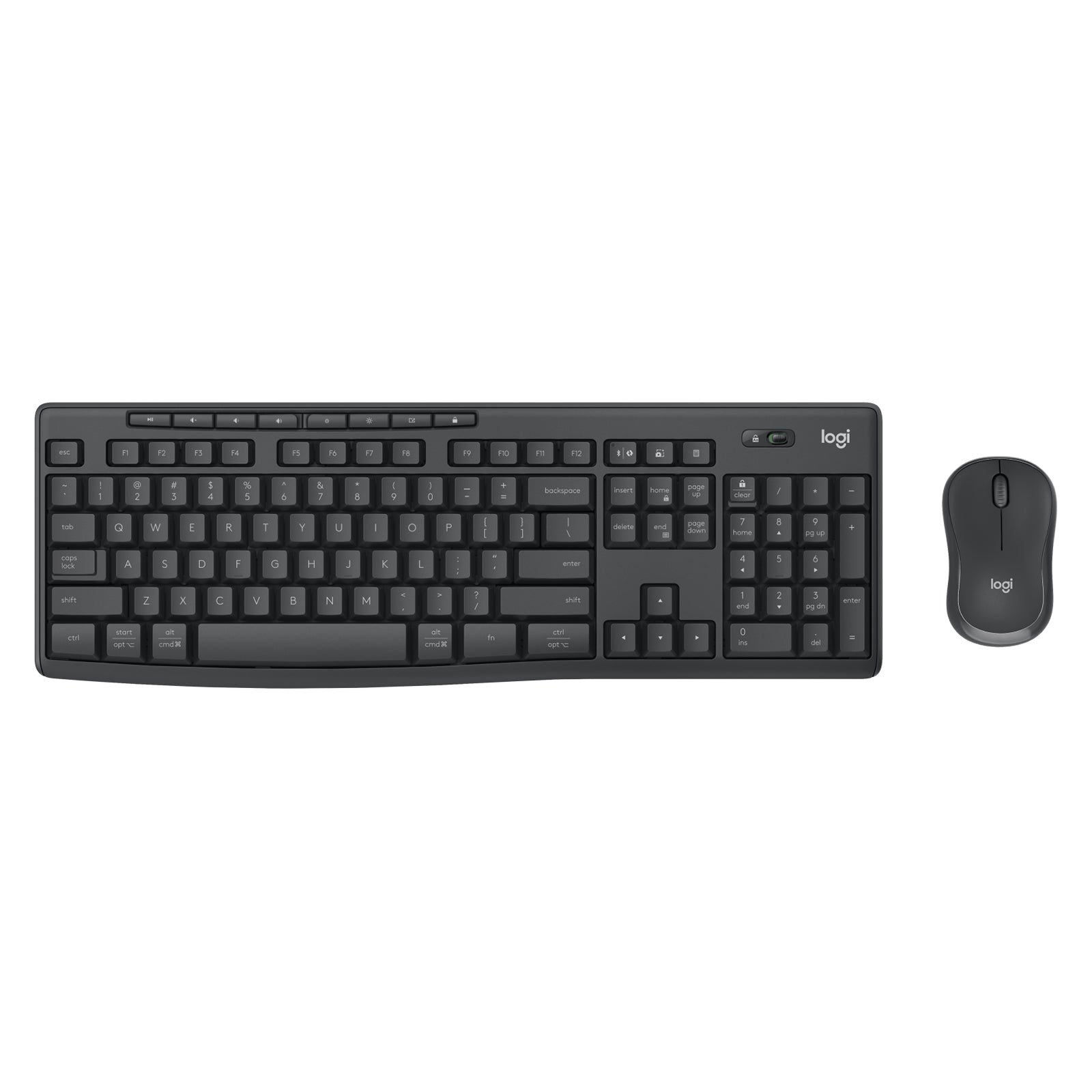 Overhead studio image of the Logitech MK370 Wireless Keyboard and Mouse Combo for Business Graphite displaying the complete keyboard layout alongside the wireless mouse on a white background for a clear product overview.
