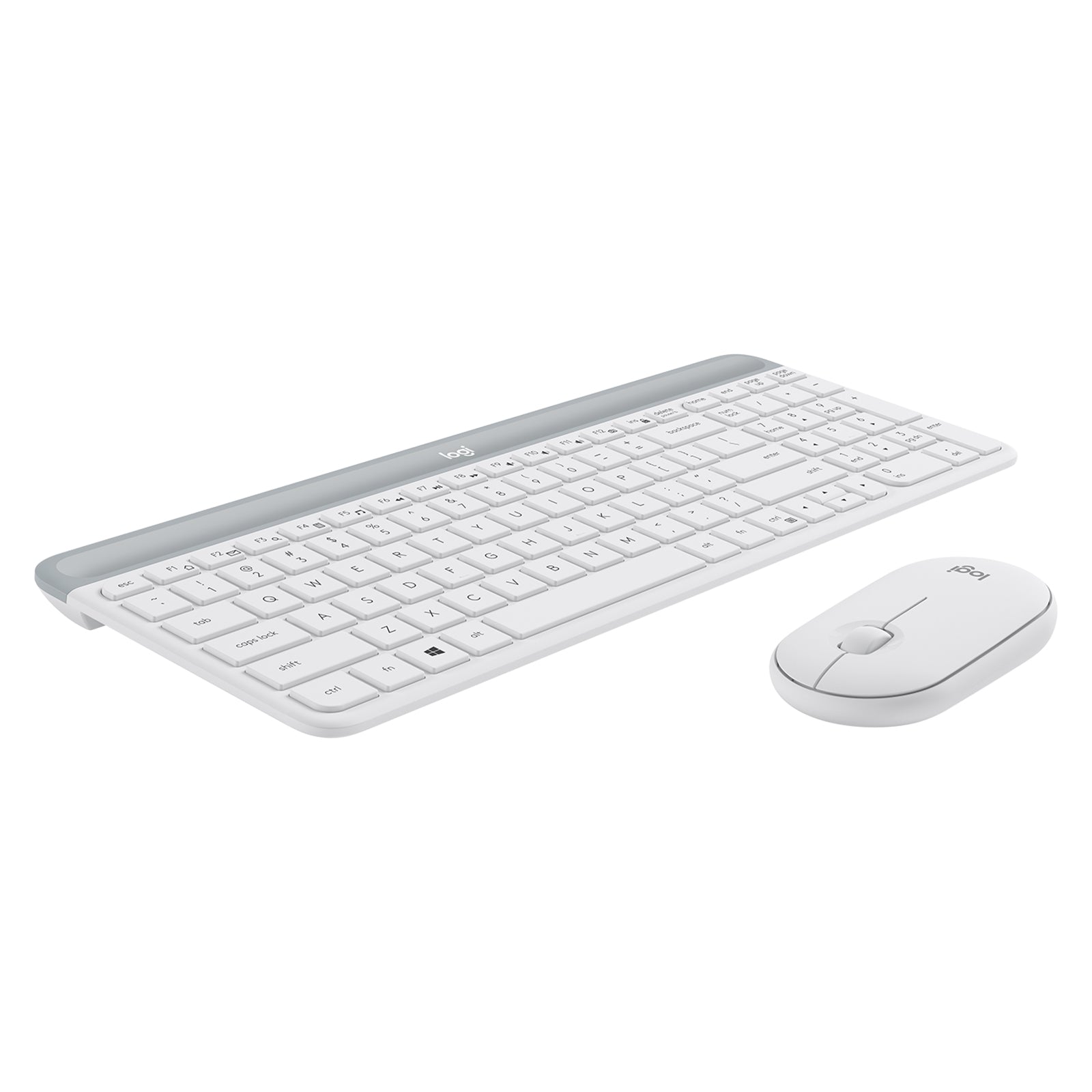 Low angle perspective of the Logitech MK470 Slim Wireless Keyboard and Mouse Combo Off White on a white background, showcasing the slim keyboard profile and matching precision mouse.