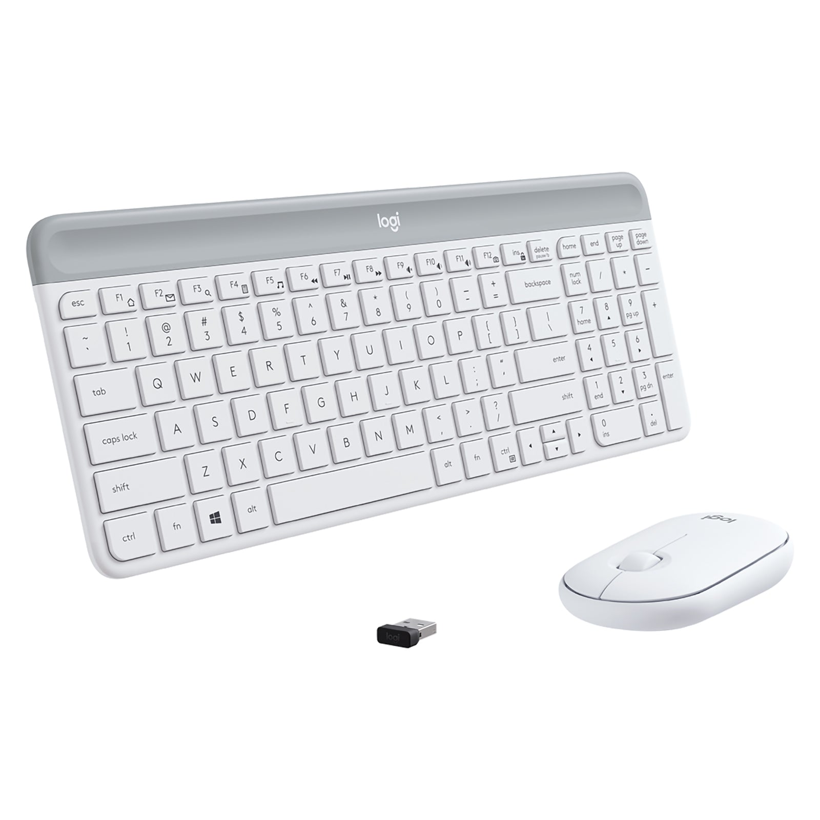 Angled studio view of the Logitech MK470 Slim Wireless Keyboard and Mouse Combo Off White with the included Nano USB receiver, clearly displaying the full size keyboard, compact mouse and wireless connectivity.