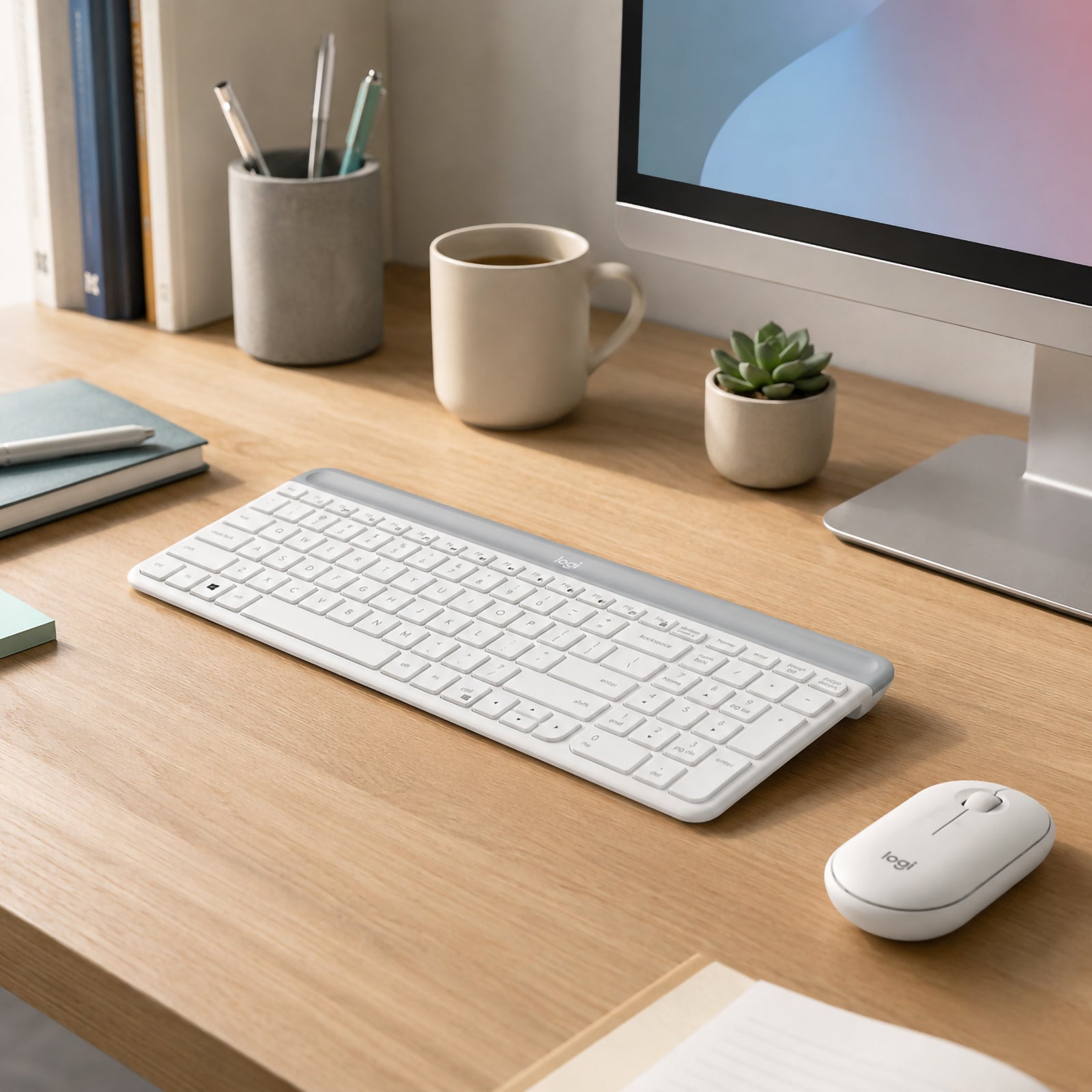 The Logitech MK470 Slim Wireless Keyboard and Mouse Combo Off White displayed on a contemporary wooden workstation with a desktop monitor, coffee cup and office accessories, emphasising its slim profile and elegant workspace aesthetic.