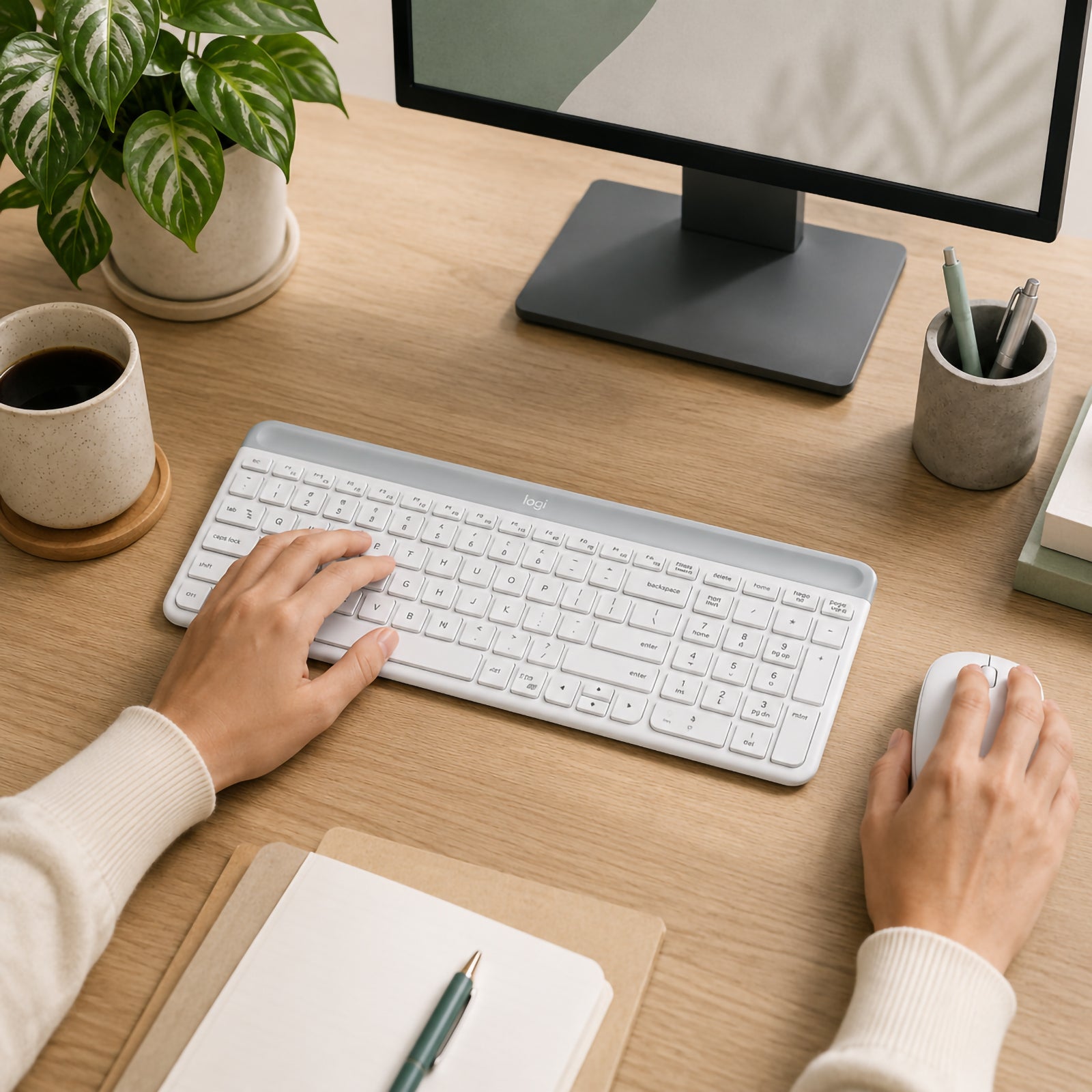 Hands using the Logitech MK470 Slim Wireless Keyboard and Mouse Combo Off White on a modern timber office desk with a desktop monitor, notebook, coffee cup and indoor plants, showcasing its clean minimalist design in an everyday productivity workspace.
