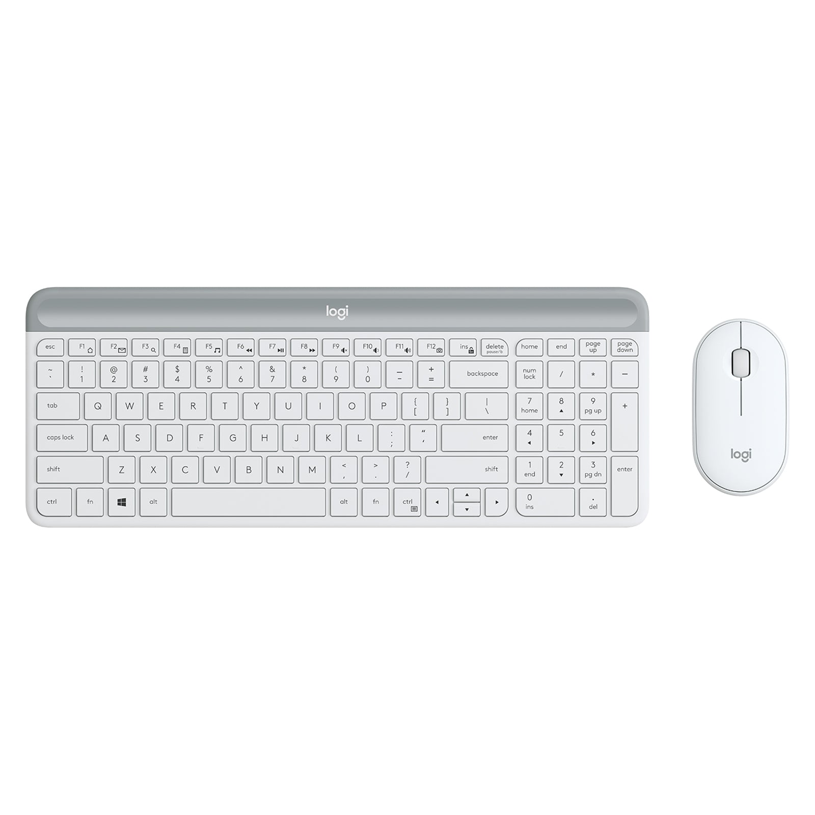 Overhead studio image of the Logitech MK470 Slim Wireless Keyboard and Mouse Combo Off White featuring the full size keyboard and compact wireless mouse arranged side by side on a white background for a clear product overview.