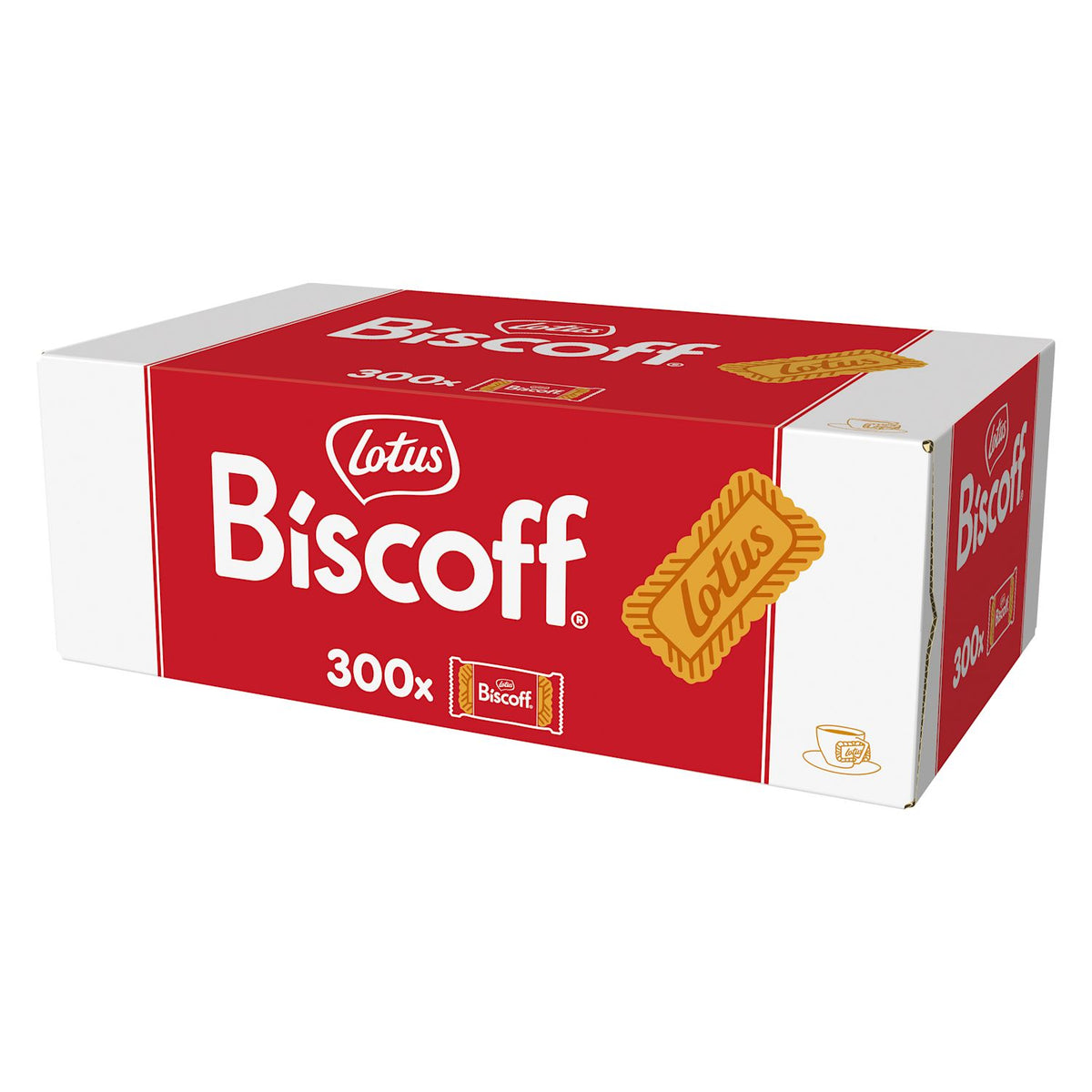Lotus Biscoff carton of 300 individually wrapped caramelised biscuits, red and white box