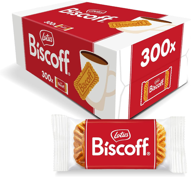 Lotus Biscoff carton of 300 with one individually wrapped caramelised biscuit in front