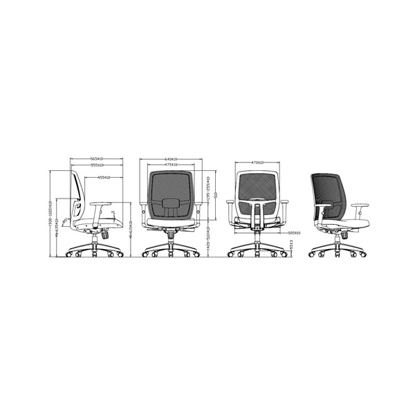 Rapidline Luminous line drawings showing the chair from the side, front, back and at an angle with dimension callouts.