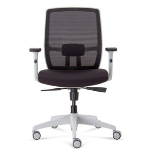 Front view of the Rapidline Luminous operator chair with black mesh back, lumbar pad, black seat and white arms and base.