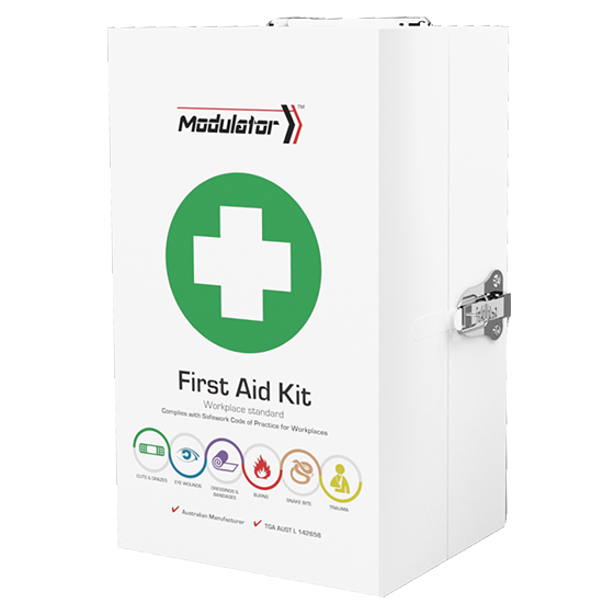 MODULATOR 4 Series Metal Cabinet First Aid Kit 24 x 16 x 42cm showing wall-mounted metal cabinet first aid kit with modular internal organisation for workplace compliance