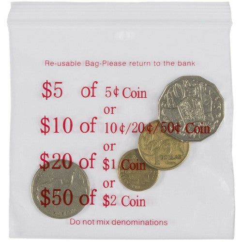 Press Seal Plastic Bags Clear Printed Coin 110 x 100mm 60 Micron Pack 100