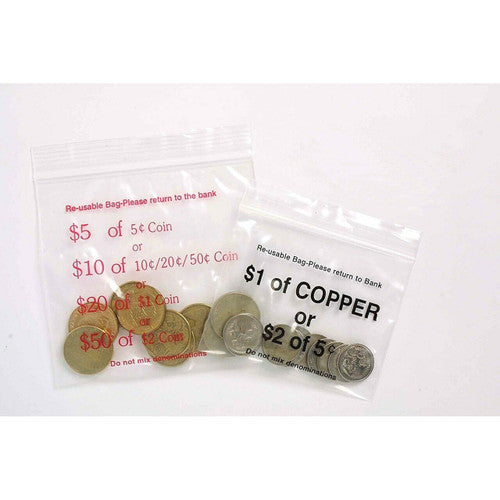 Press Seal Plastic Bags Clear Printed Coin 110 x 100mm 60 Micron Pack 100