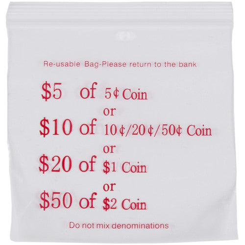 Press Seal Plastic Bags Clear Printed Coin 110 x 100mm 60 Micron Pack 100