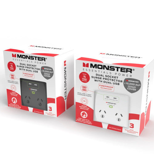 Monster Dual Socket Surge Protector with Dual USB-C Ports White