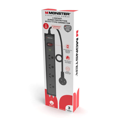 Monster 4 Socket Surge Protector with F-Type Connectors Black