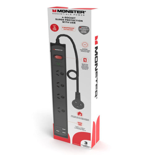 Monster 4 Socket Surge Protector with USB-C and USB-A Ports Black
