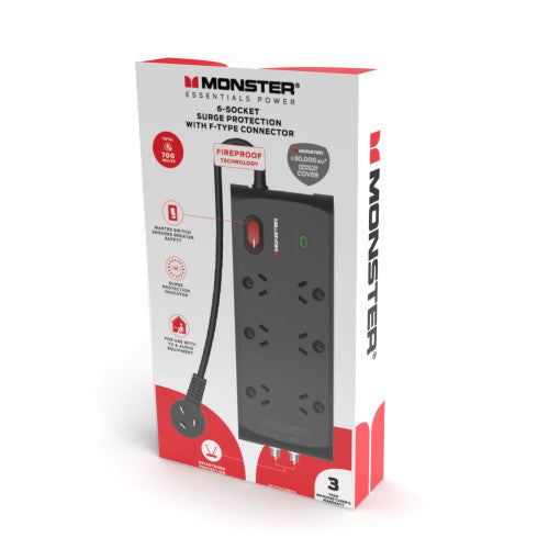Monster 6 Socket Surge Protector with F-Type Connectors Black