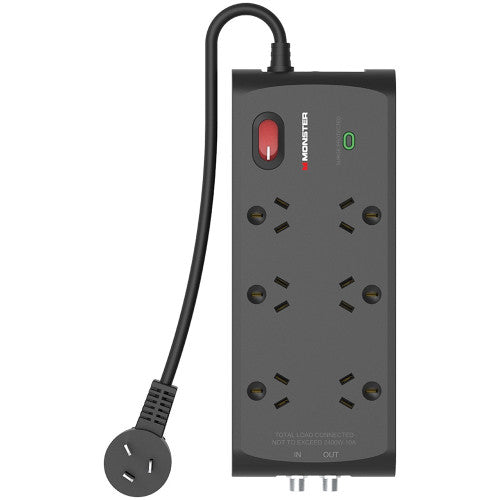 Monster 6 Socket Surge Protector with F-Type Connectors Black