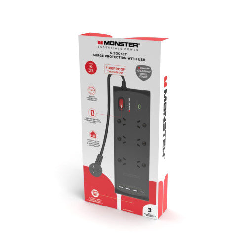 Monster 6 Socket Surge Protector with USB-C and USB-A Ports Black