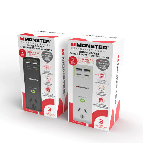 Monster Single Socket Surge Protector with USB-C and USB-A Ports White