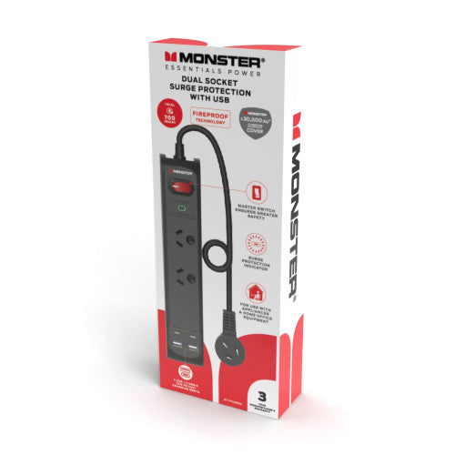 Monster Dual Socket Surge Protector with USB-C and USB-A Ports Black