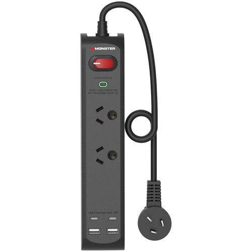 Monster Dual Socket Surge Protector with USB-C and USB-A Ports Black