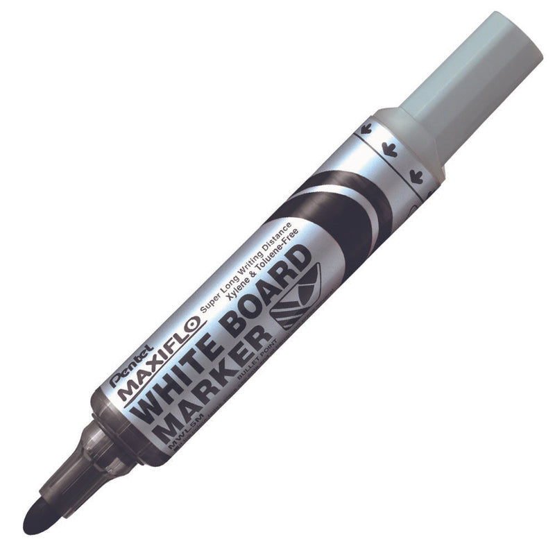 Pentel Maxiflo MWL5 whiteboard marker with black ink, shown uncapped at an angle with the bullet tip at the bottom and a silver barrel printed White Board Marker, Bullet Point and MWL5M