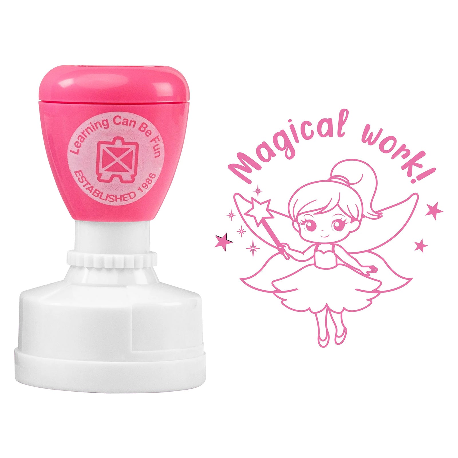 Isolated product image featuring the pink self inking stamp alongside the complete fairy impression artwork. The image clearly displays the detailed illustration, encouraging message and stamp construction.