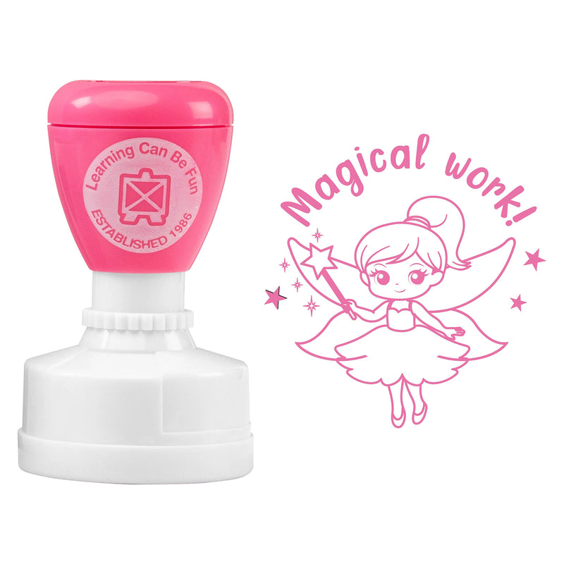 Isolated product image featuring the pink self inking stamp alongside the complete fairy impression artwork. The image clearly displays the detailed illustration, encouraging message and stamp construction.