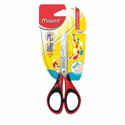 Maped Essentials Soft 13cm scissors with red and black handles on a yellow hang card marked 13 cm, soft and stainless steel