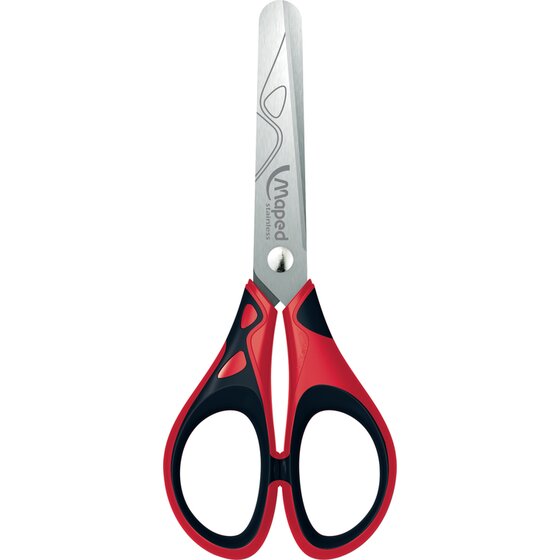 Maped 13cm soft grip scissors with red and black handles and a rounded stainless steel blade with an etched wave pattern