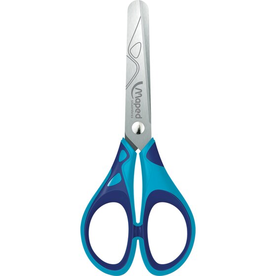 Maped 13cm soft grip scissors with blue handles and a rounded tip stainless steel blade carrying the Maped logo