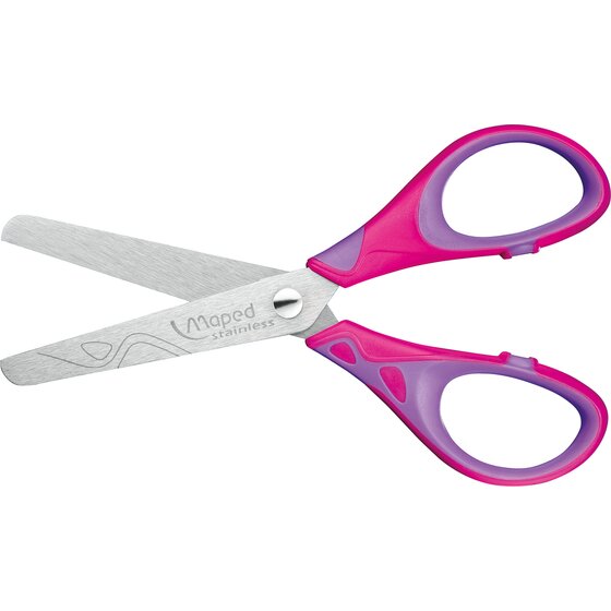 Maped 13cm soft grip scissors open, with pink and purple handles and rounded tip stainless steel blades