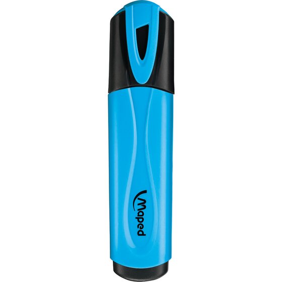 Maped Fluo Peps highlighter in blue with a black cap and base and the Maped logo printed along the barrel