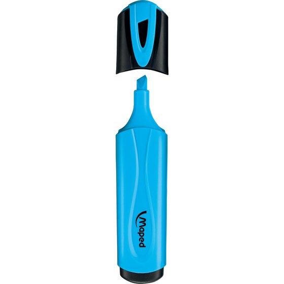 Blue Maped Fluo Peps highlighter with the cap removed, showing the angled chisel nib used for broad and fine lines