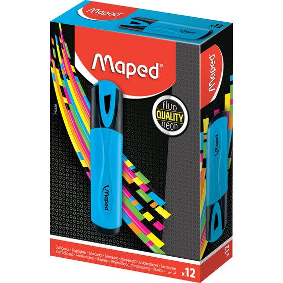Maped Fluo Peps highlighter box of 12 in black and red with a blue highlighter pictured on the front and x12 marked