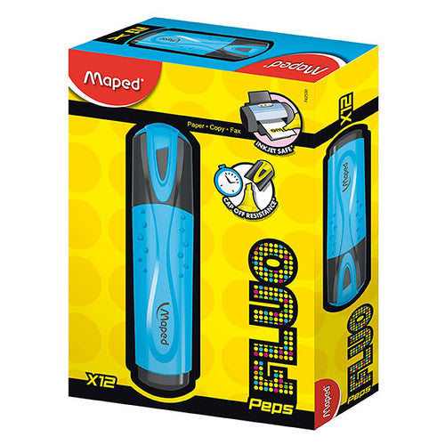 Earlier yellow Maped Fluo Peps box of 12 blue highlighters with a large blue highlighter pictured on the front