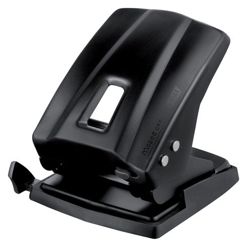 Maped Office Essentials two hole punch in black with a moulded Maped Office logo and a finger window in the handle