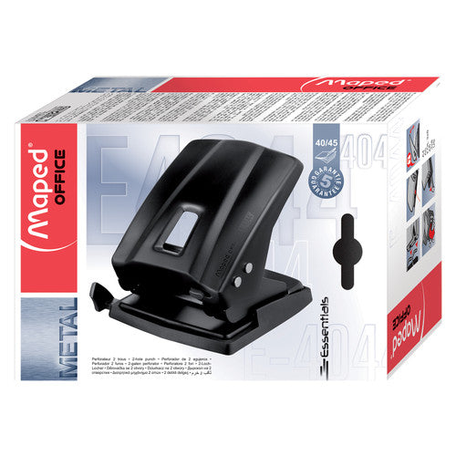 Maped Office Essentials two hole punch box, landscape view, with the Metal panel and 40/45 sheet icon on the front