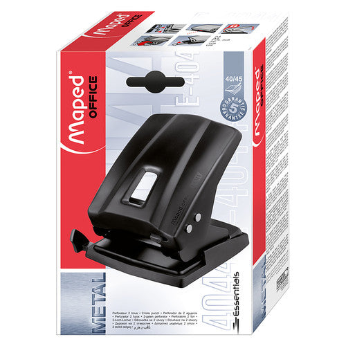 Upright Maped Office Essentials two hole punch box in red and white showing the black punch and a 40/45 sheet capacity icon
