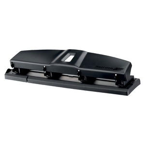 Maped Office Essentials four hole punch in black, side view showing the four punch heads along the base